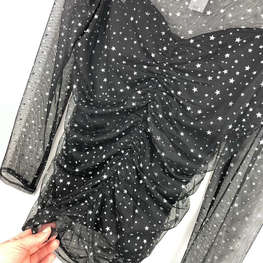 NEW Express Black Silver Metallic Stars Sheer Blouse Size Medium - Picture 4 of 6